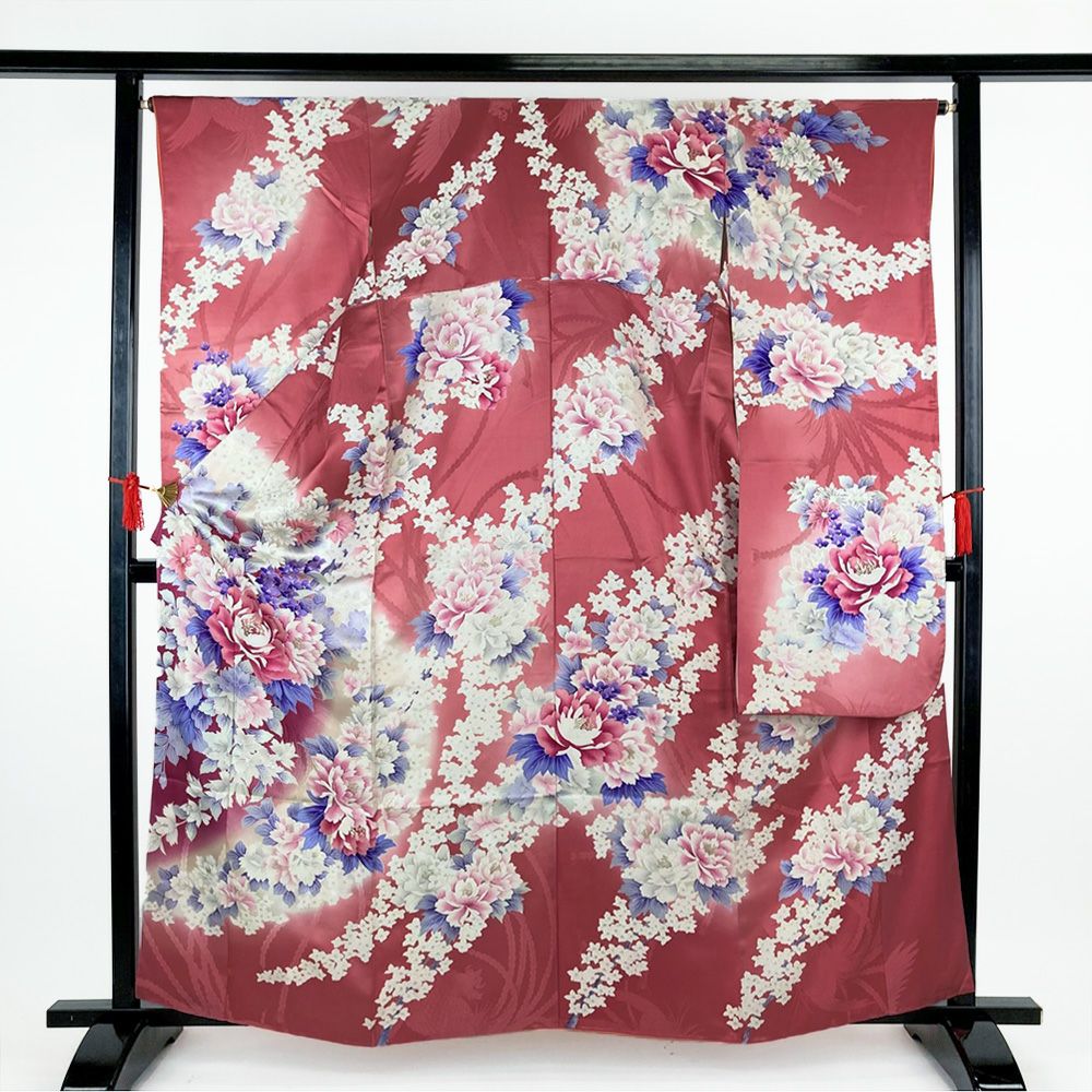 中古）振袖 ピンク 金彩 牡丹 四季の草花 ヴィンテージ 袷 S【身丈