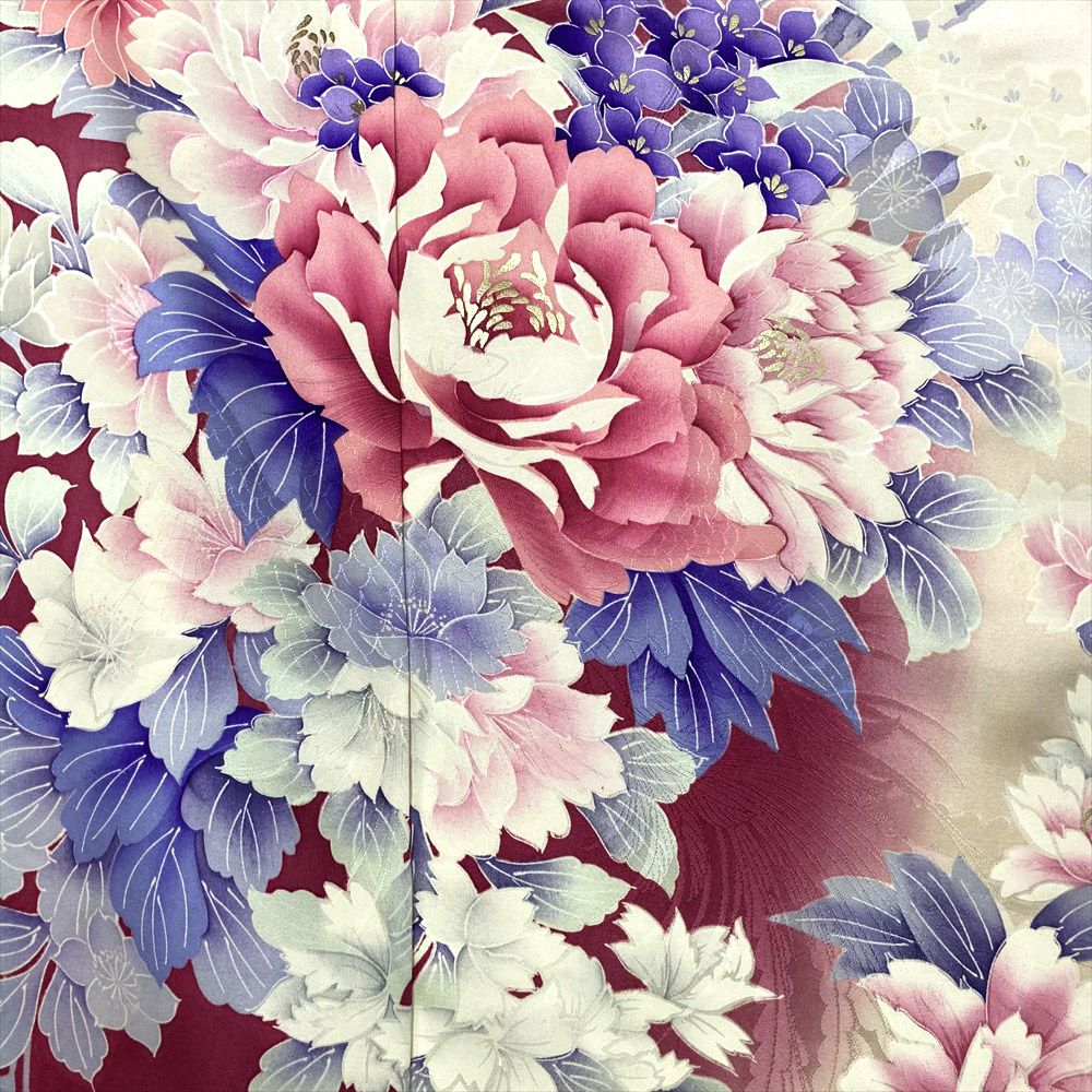 中古）振袖 ピンク 金彩 牡丹 四季の草花 ヴィンテージ 袷 S【身丈