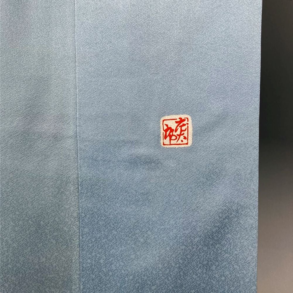 中古）振袖 水色 たたき染め 睡蓮 秋山庄太郎 袷 M【身丈】161.5cm【裄