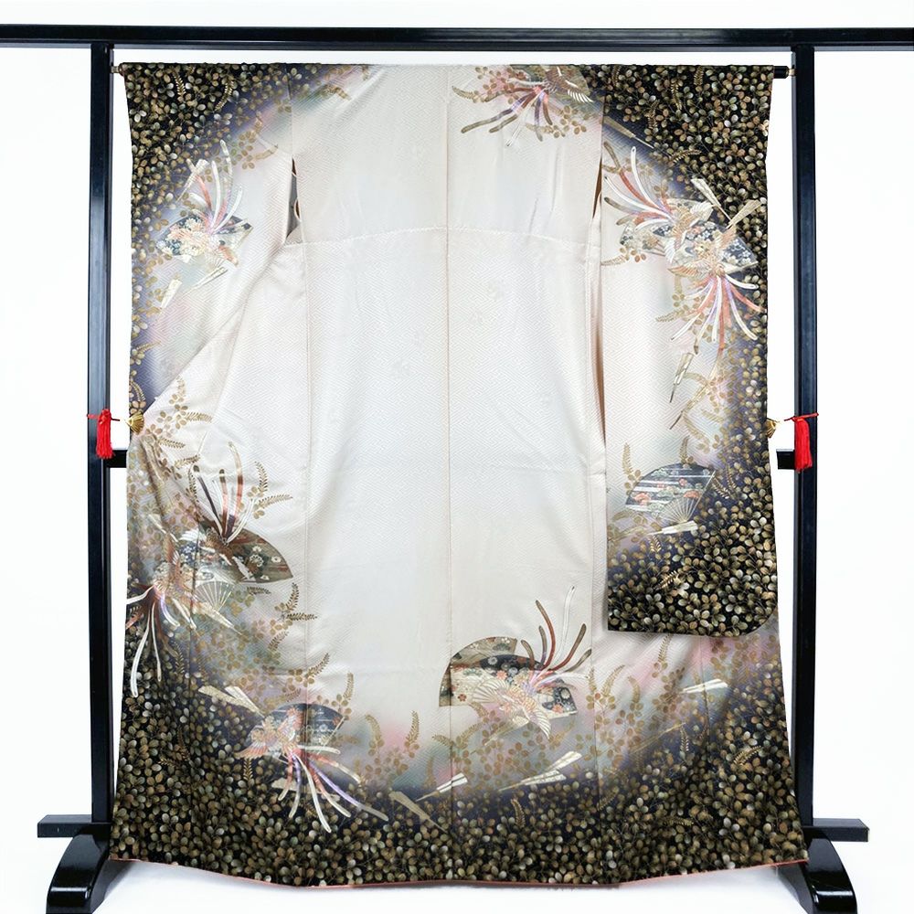 中古）振袖 水色 たたき染め 睡蓮 秋山庄太郎 袷 M【身丈】161.5cm【裄