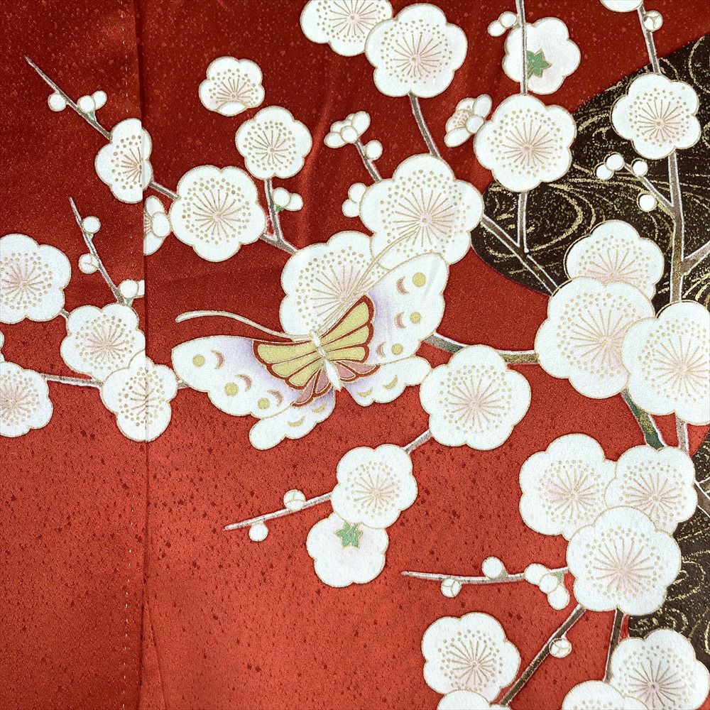 中古）振袖 赤 金彩 刺繍 霞取り 四季の草花 蝶 袷 S【身丈】158.5cm