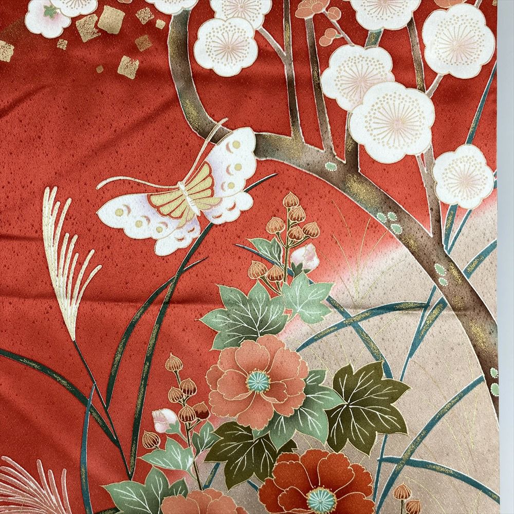 振袖　美品　正絹　金糸刺繍　蝶 袋帯 秀品 振袖向き 草花 蝶 金糸 箔 赤 六通 正絹｜中古・古着
