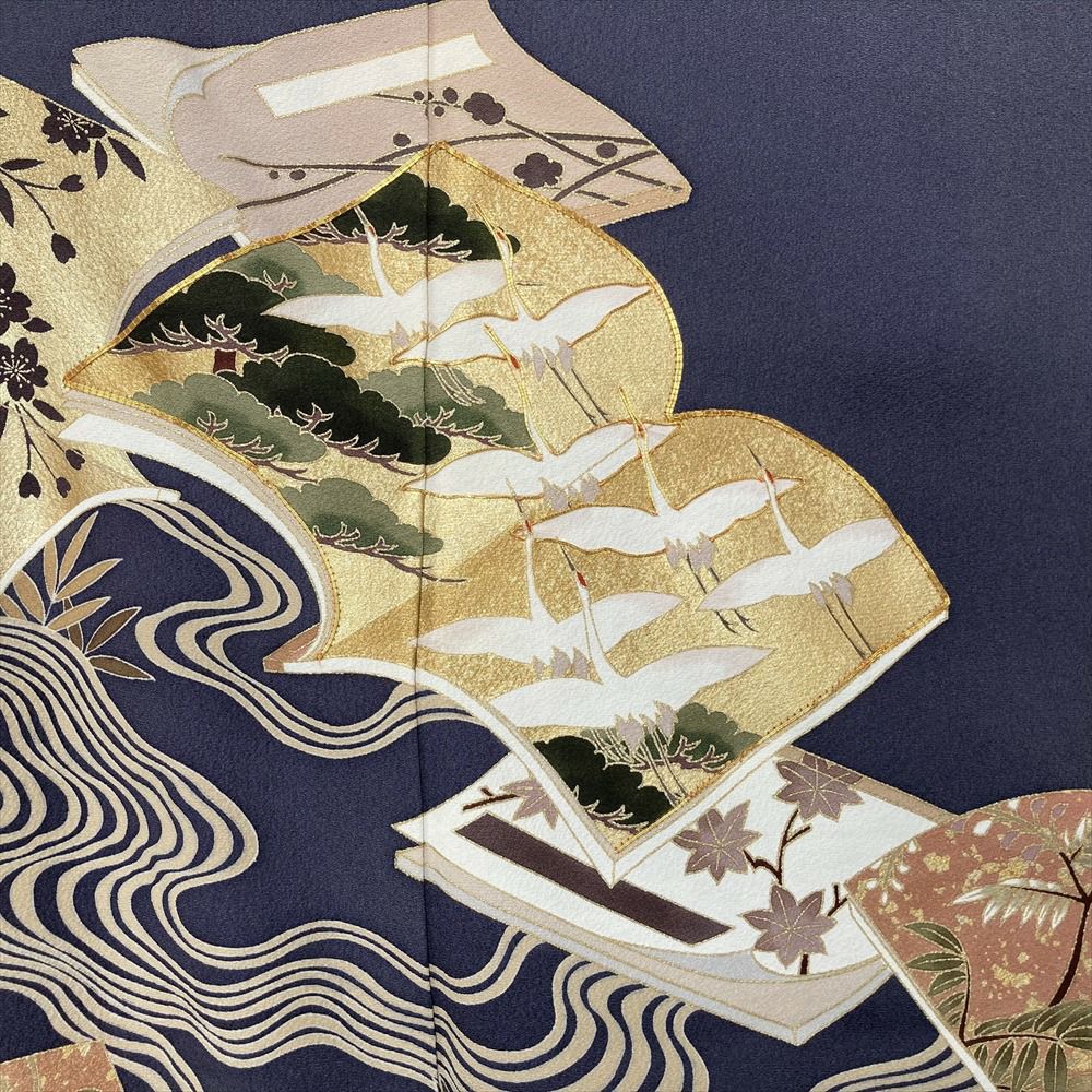 中古）色留袖 グレー フォーマル 金駒刺繍 金彩 友禅 四季花 流水紋 和
