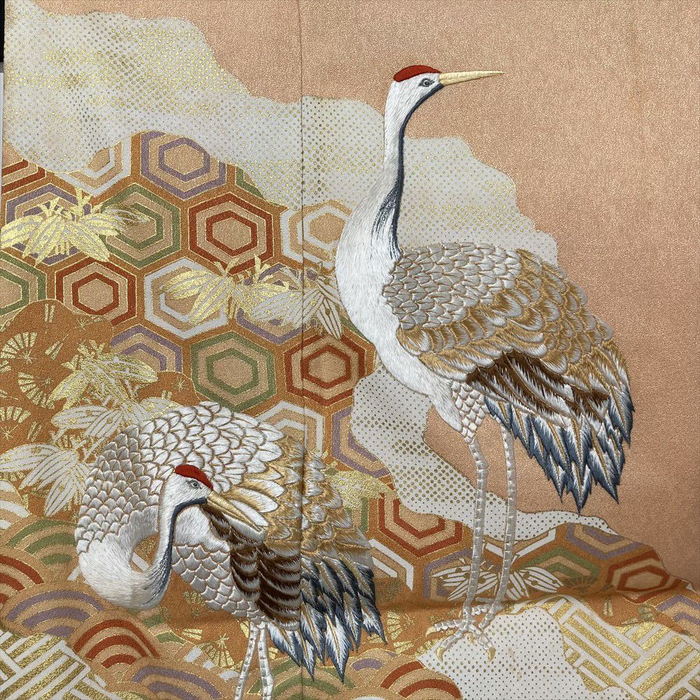 中古）色留袖 オレンジ フォーマル 一つ紋 金彩 刺繍 鶴 道長取り 青海