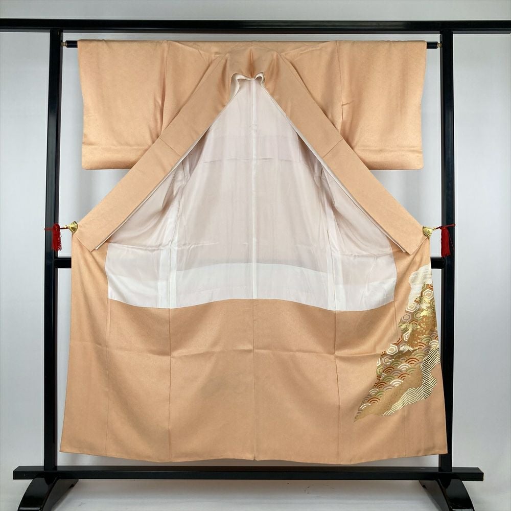 中古）色留袖 オレンジ フォーマル 一つ紋 金彩 刺繍 鶴 道長取り 青海