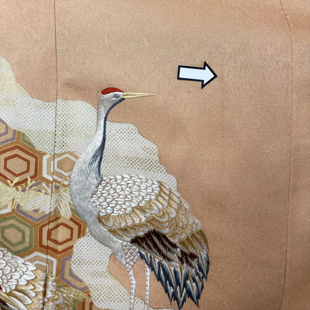 中古）色留袖 オレンジ フォーマル 一つ紋 金彩 刺繍 鶴 道長取り 青海