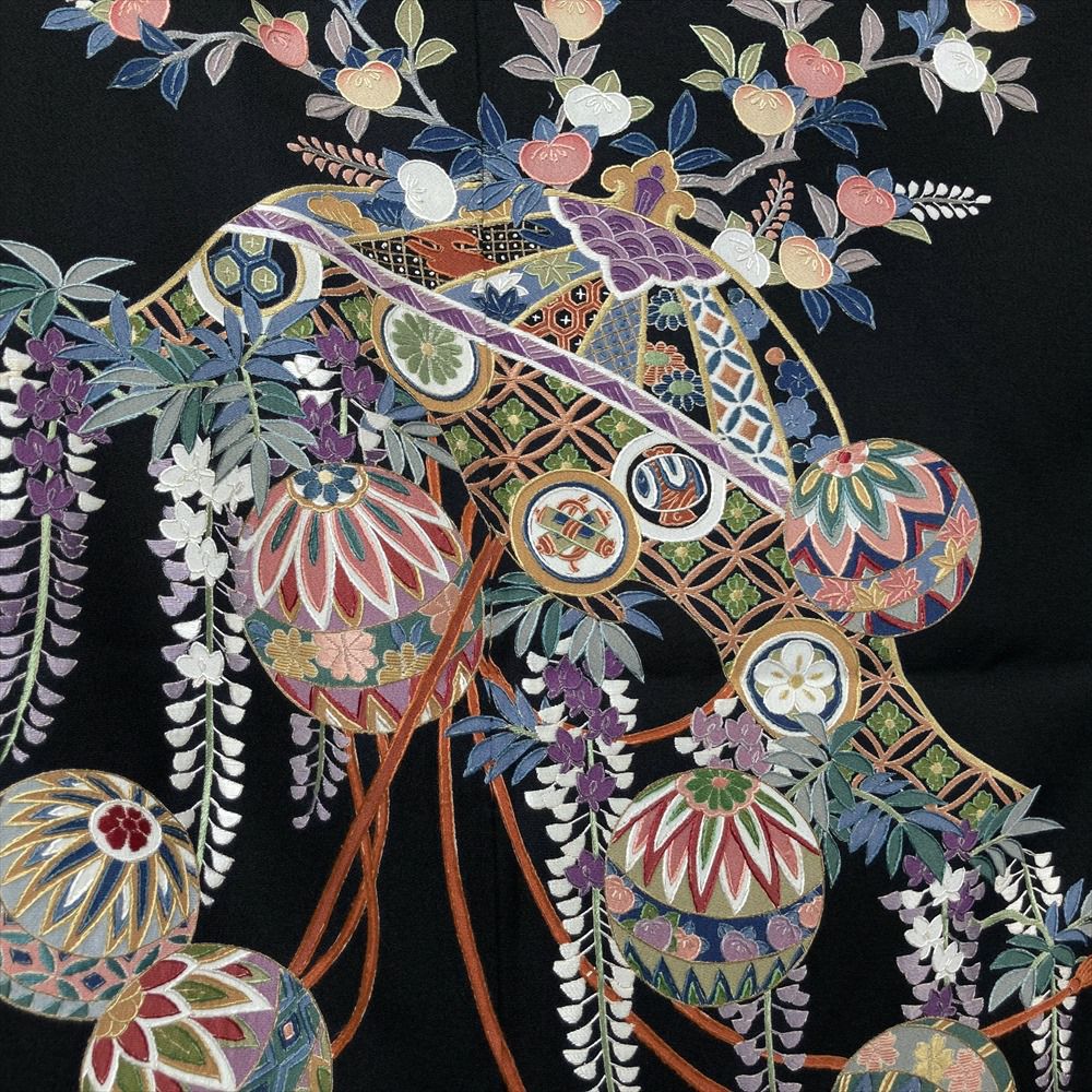 中古）黒留袖 黒 フォーマル 五つ紋 比翼 刺繍 傘 鞠 藤 橘 袷 S【身丈