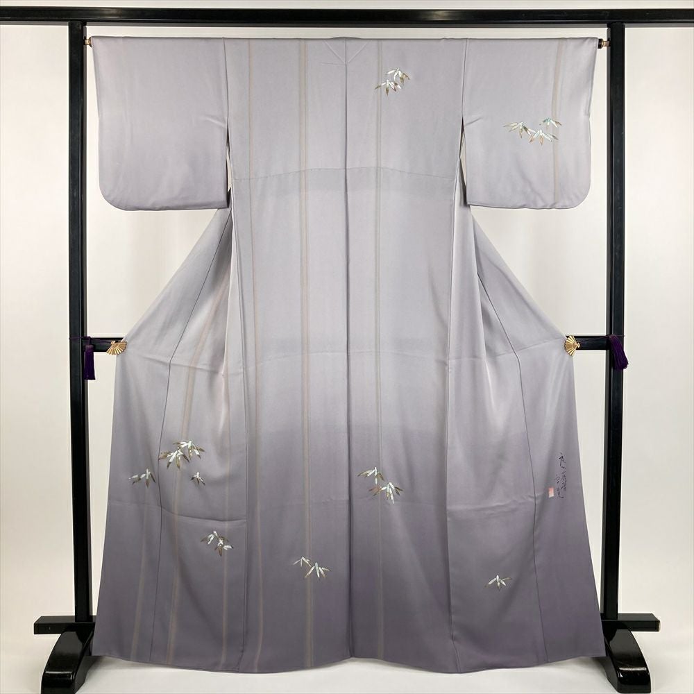 中古）訪問着 グレー セミフォーマル 金彩 笹 縦縞 袷 M【身丈】162.5