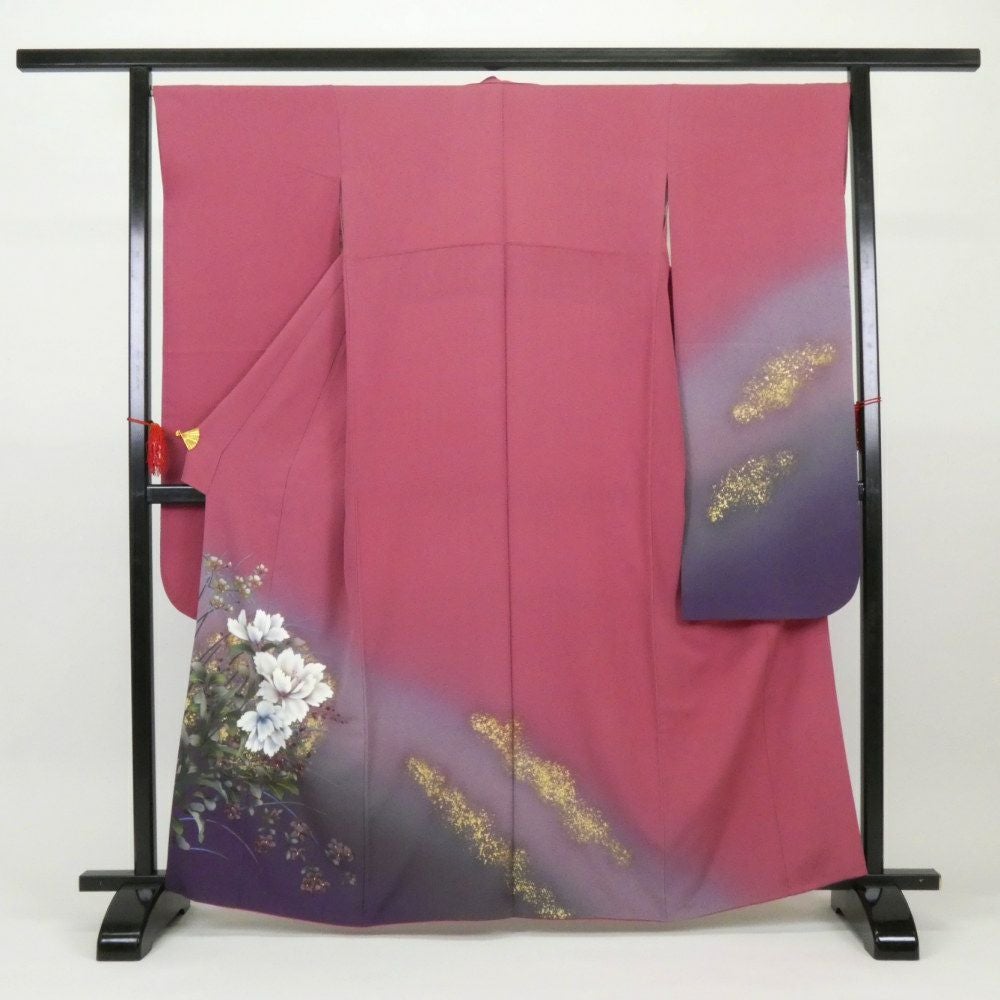 中古）振袖 ピンク 金彩 牡丹 四季の草花 ヴィンテージ 袷 S【身丈