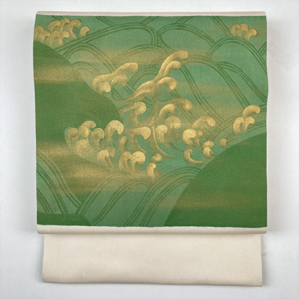 中古）九寸名古屋帯 白 カジュアル 塩瀬 金彩 波 松葉仕立て