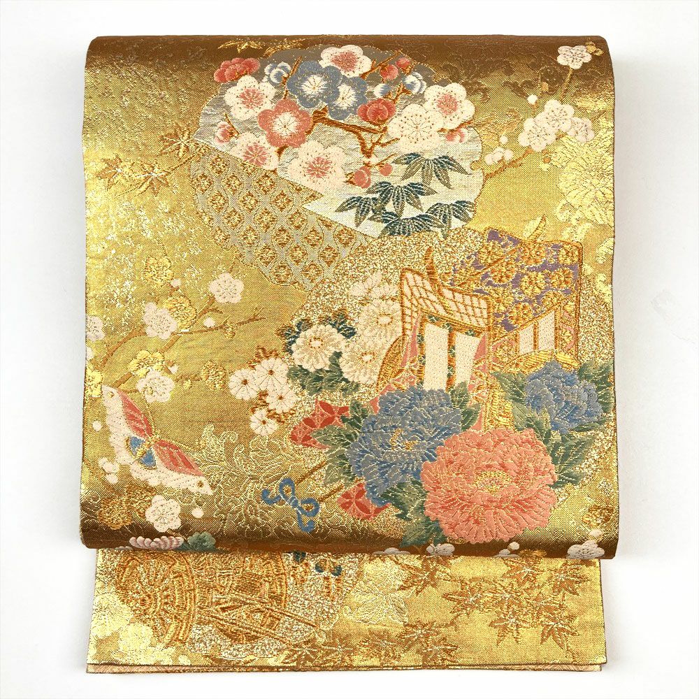 中古）袋帯 金 フォーマル 六通柄 金糸 雪輪 御所車 花車 蝶 四季の草花
