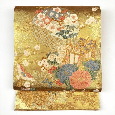 中古）袋帯 金 フォーマル 六通柄 金糸 雪輪 御所車 花車 蝶 四季の草花