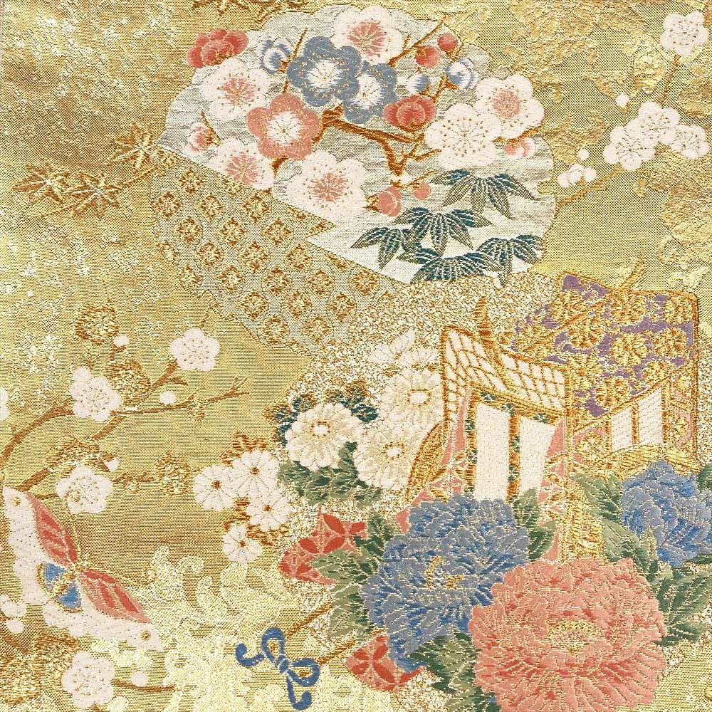 中古）袋帯 金 フォーマル 六通柄 金糸 雪輪 御所車 花車 蝶 四季の草花