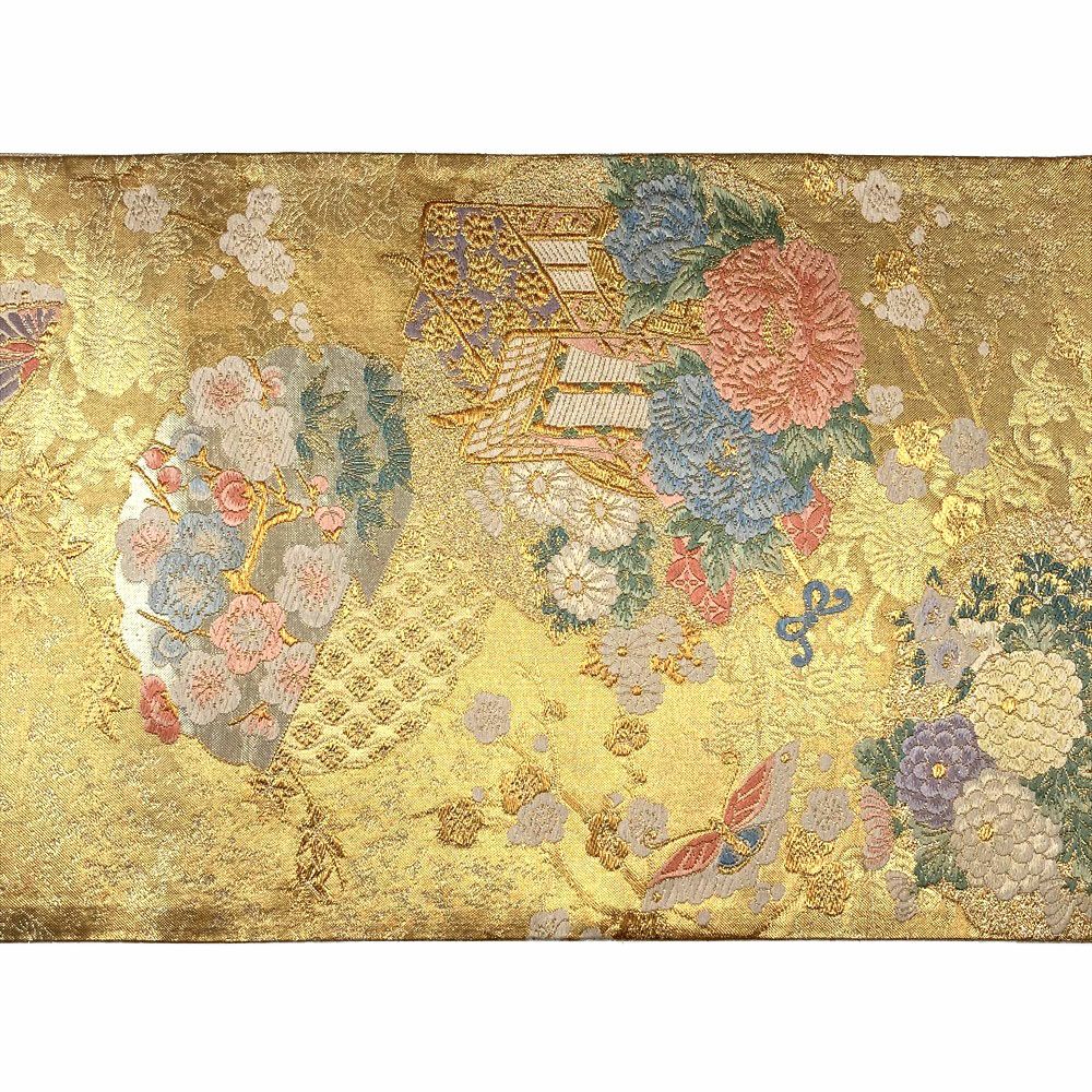 中古）袋帯 金 フォーマル 六通柄 金糸 雪輪 御所車 花車 蝶 四季の草花