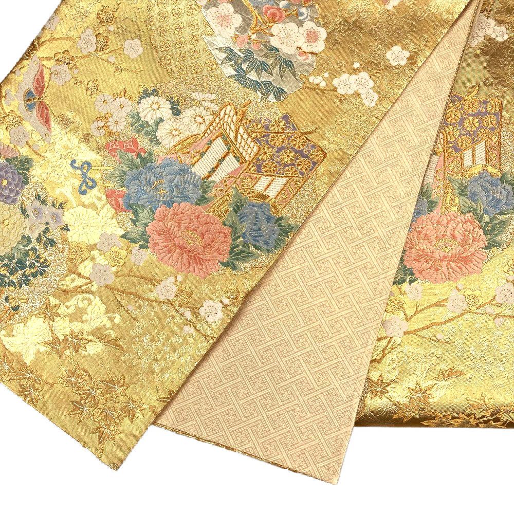 中古）袋帯 金 フォーマル 六通柄 金糸 雪輪 御所車 花車 蝶 四季の草花