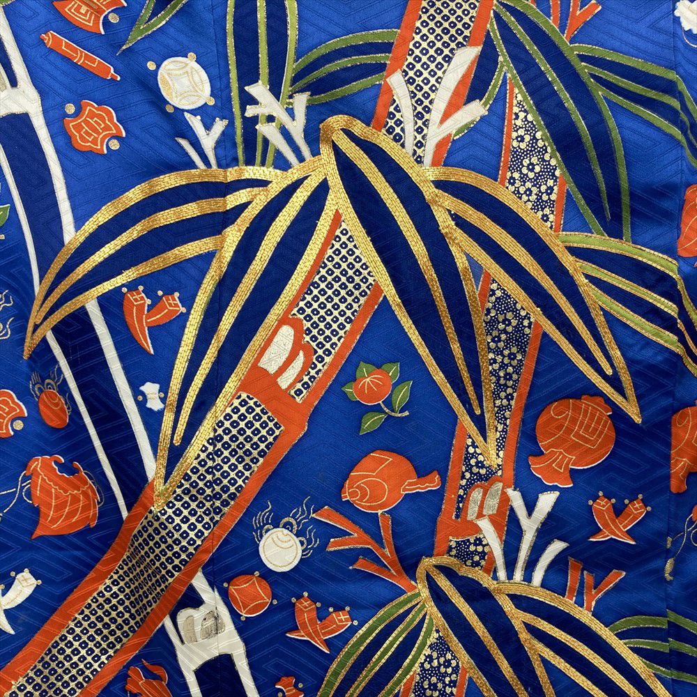 中古)振袖 青 フォーマル 金彩 金駒刺繍 竹 笹 疋田 宝尽くし 袷 M 中古)振袖 青 フォーマル 金彩 金駒刺繍 竹 笹 疋田 宝尽くし 袷 M