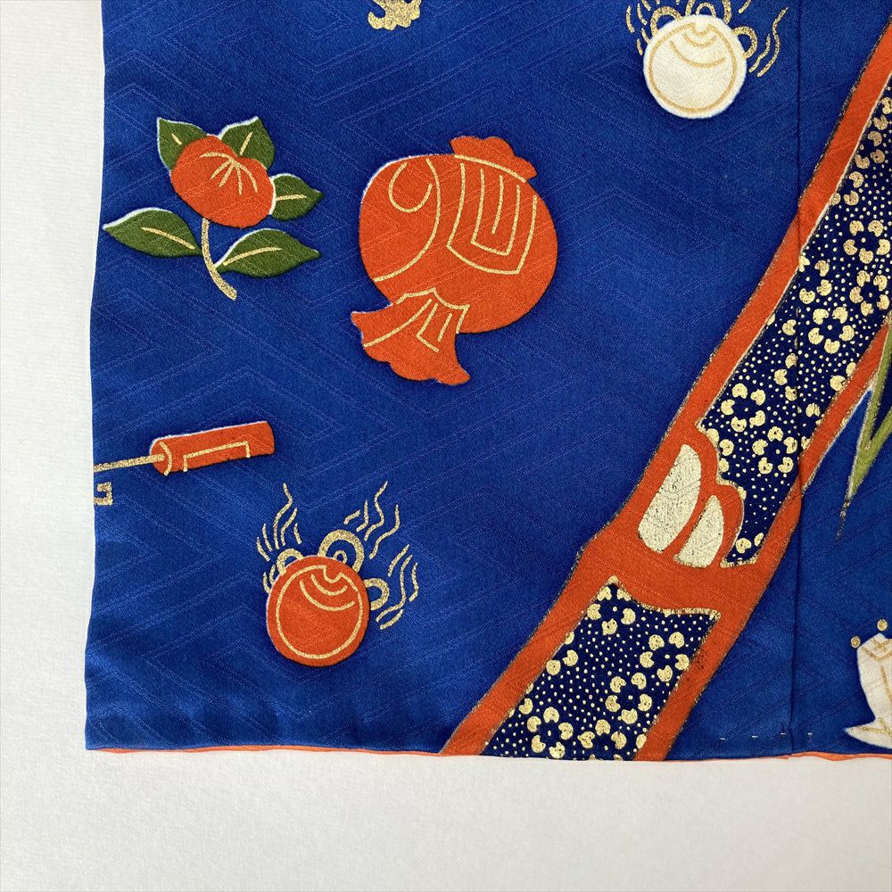 中古）振袖 青 フォーマル 金彩 金駒刺繍 竹 笹 疋田 宝尽くし 袷 M