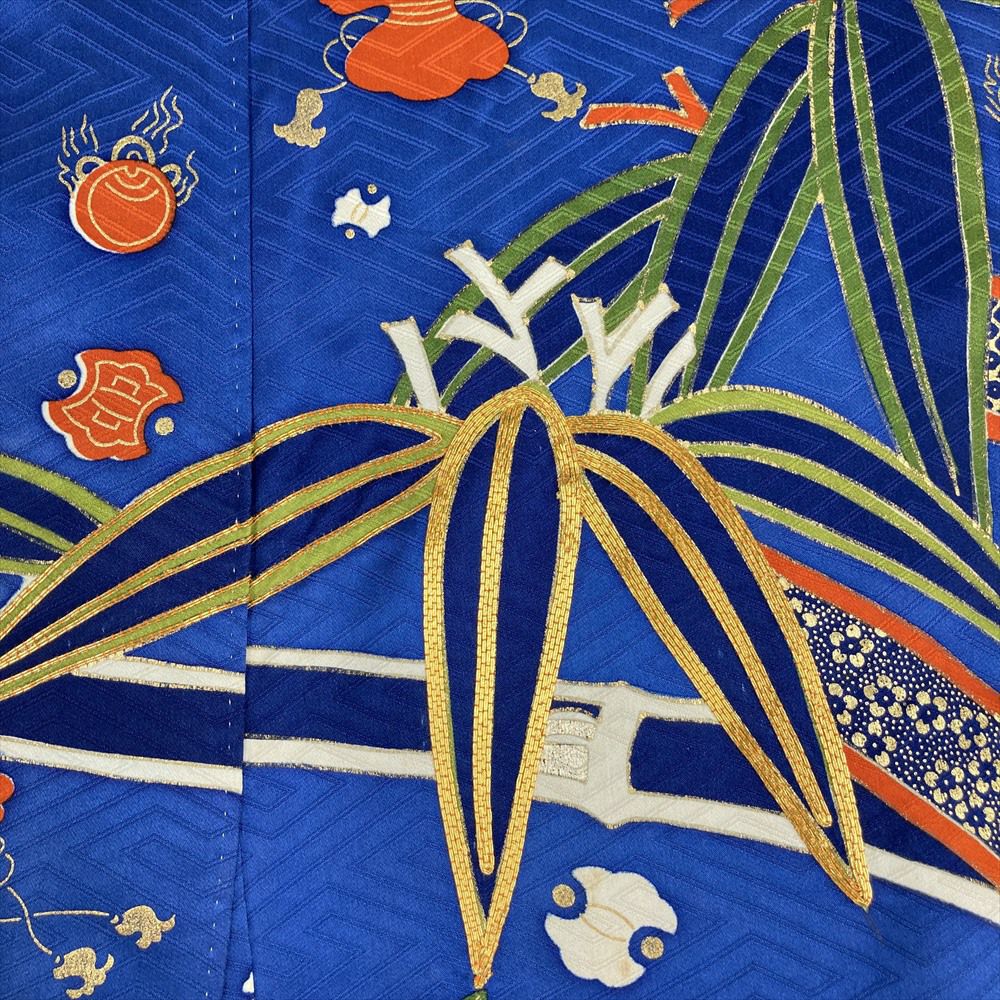中古）振袖 青 フォーマル 金彩 金駒刺繍 竹 笹 疋田 宝尽くし 袷 M