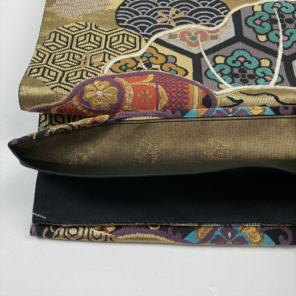 袋帯 全通 金糸 姫様 平安鎌倉 屏風 十二単 霞 フォーマル NO-1068 中古）袋帯 金 フォーマル 金糸 松竹梅 四季花 正倉院柄