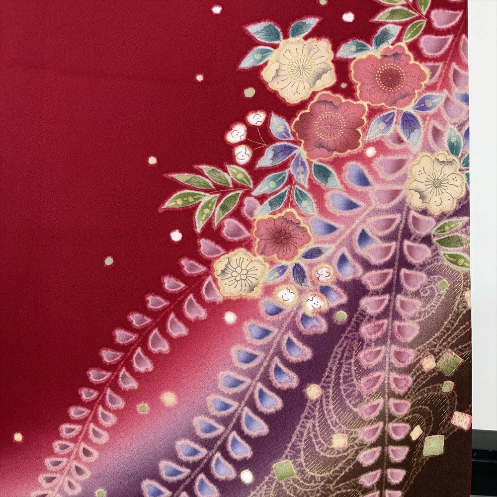 中古）振袖 赤 フォーマル 金彩 辻が花 ぼかし染め 袷 S【身丈】155.5