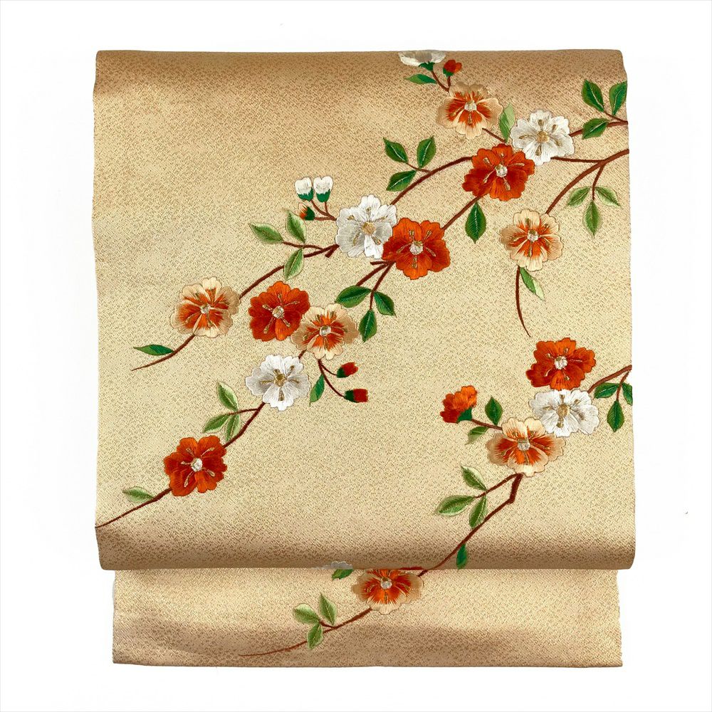 中古）九寸名古屋帯 金 セミフォーマル カジュアル 刺繍 花木 名古屋仕立て