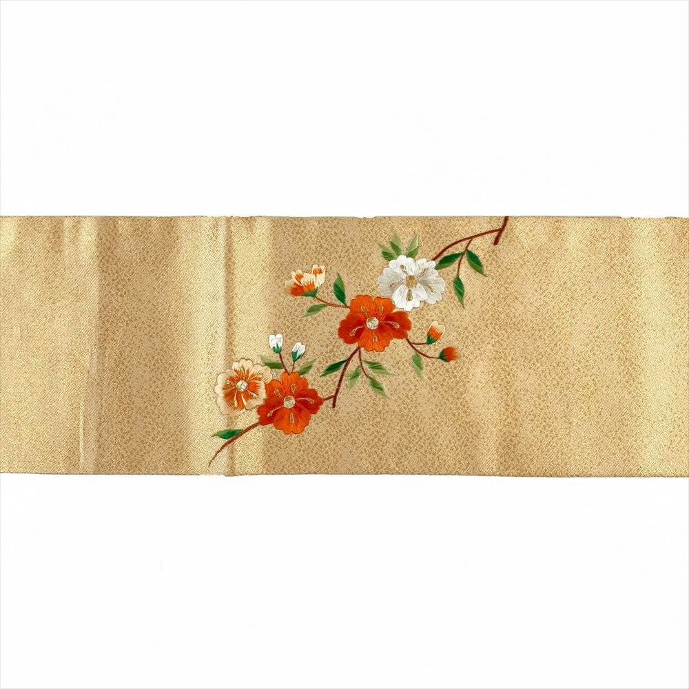 中古）九寸名古屋帯 金 セミフォーマル カジュアル 刺繍 花木 名古屋仕立て