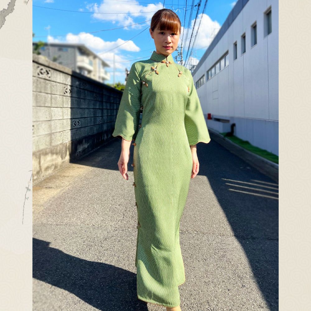 たんす屋 | 古法正绢手工旗袍 小纹 绿色 竖条