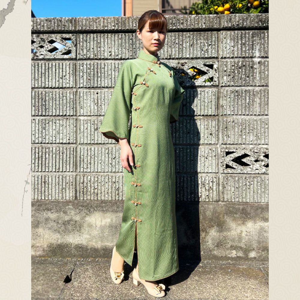 たんす屋 | 古法正绢手工旗袍 小纹 绿色 竖条