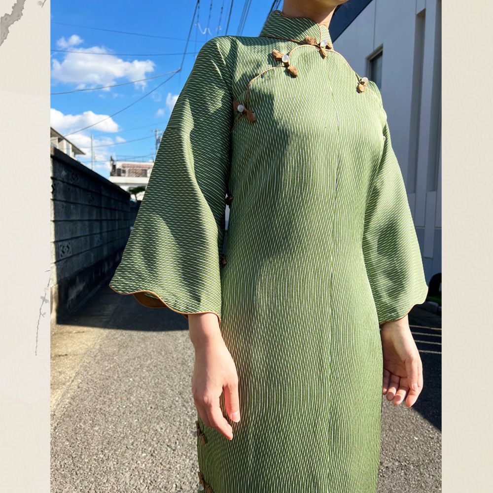 たんす屋 | 古法正绢手工旗袍 小纹 绿色 竖条