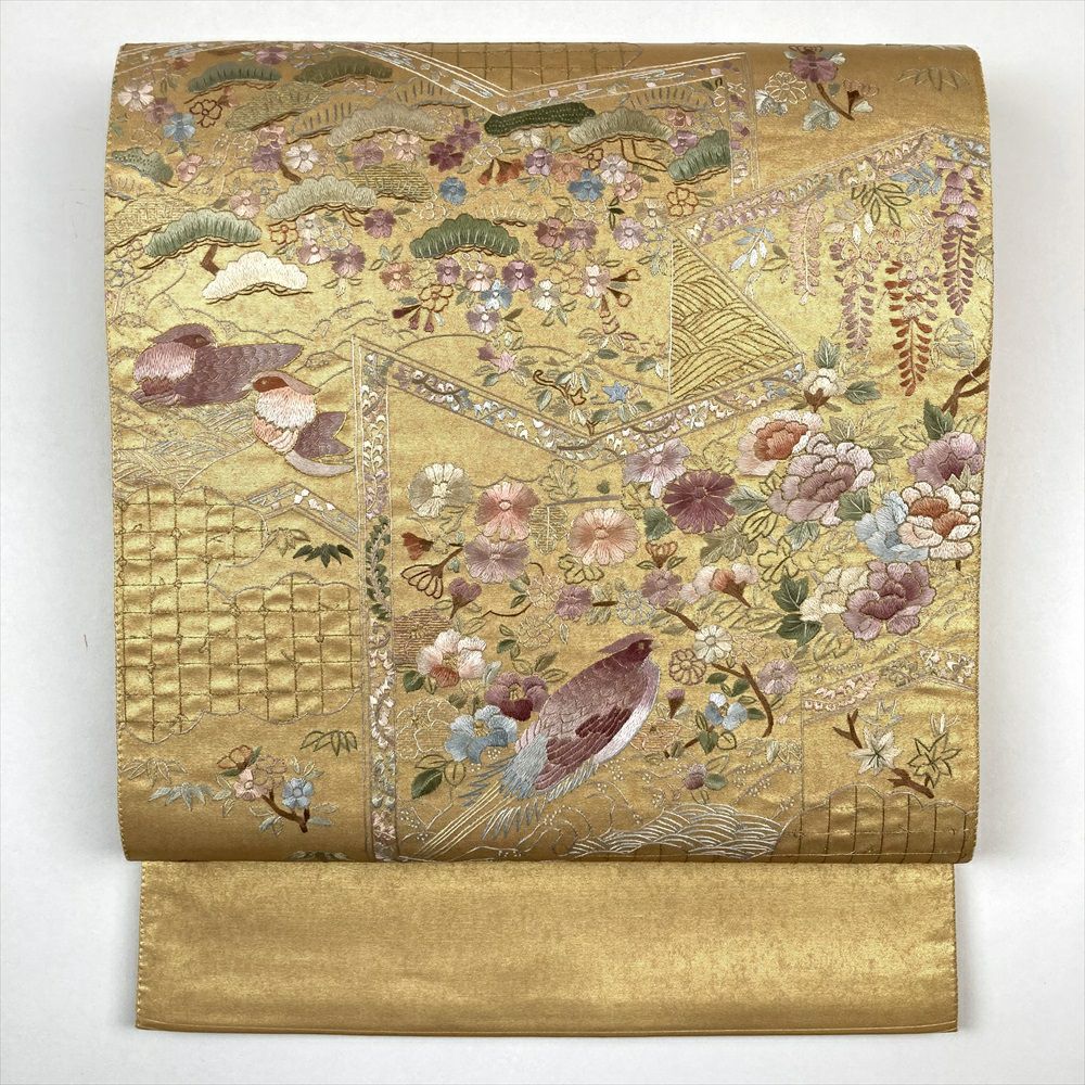 中古）振袖用袋帯 金 フォーマル 六通 金糸 引き箔 花の丸文様 絹