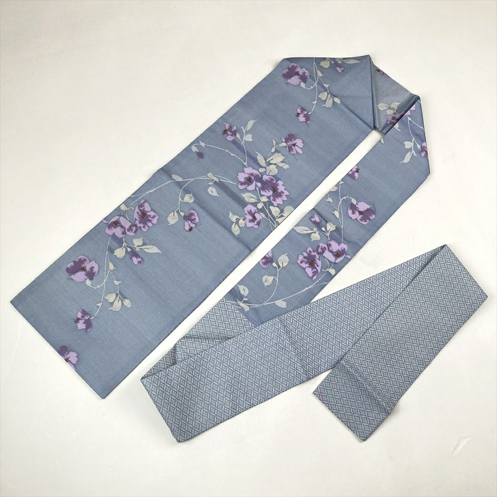中古）九寸名古屋帯 水色 カジュアル 蔓 花 七宝 名古屋仕立て