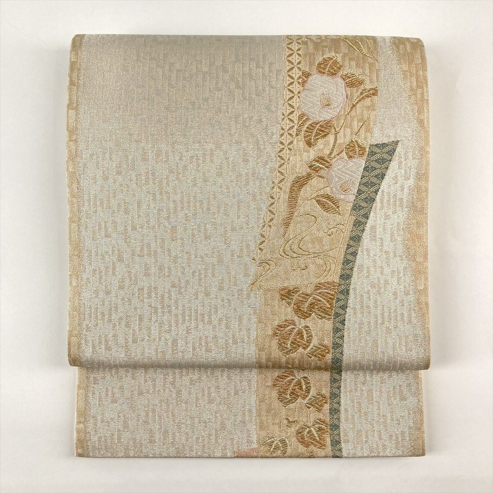 中古）九寸名古屋帯 オレンジ地 名古屋仕立て 金銀糸 扇面 菊