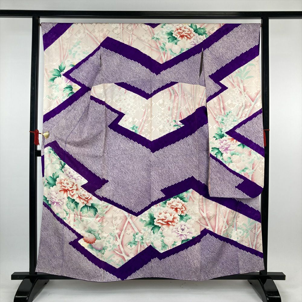 中古）振袖 水色 たたき染め 睡蓮 秋山庄太郎 袷 M【身丈】161.5cm【裄