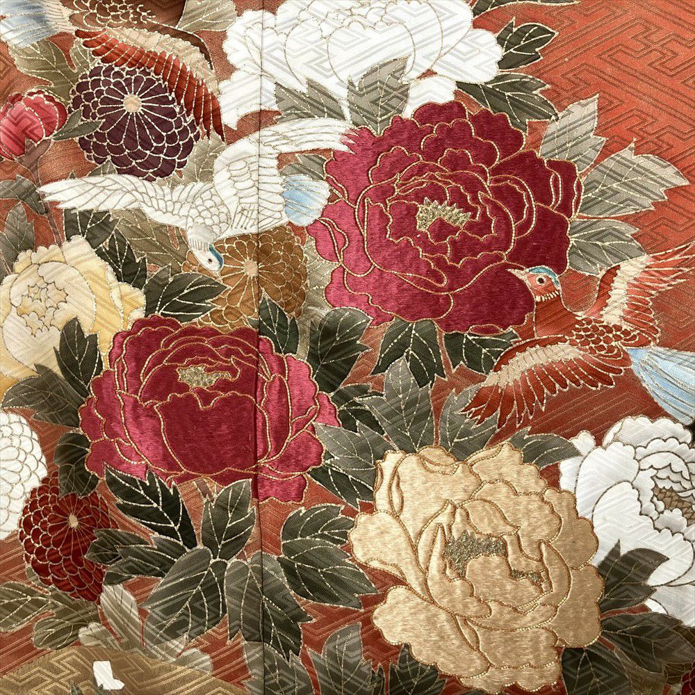 中古）振袖 オレンジ フォーマル 金駒刺繍 刺繍 金彩 地紋織り 雲取り