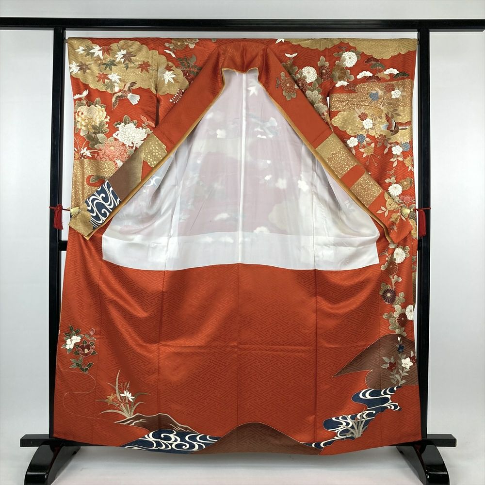中古)振袖 オレンジ フォーマル 金駒刺繍 刺繍 金彩 地紋織り 雲取り 中古)振袖 オレンジ フォーマル 金駒刺繍 刺繍 金彩 地紋織り 雲取り
