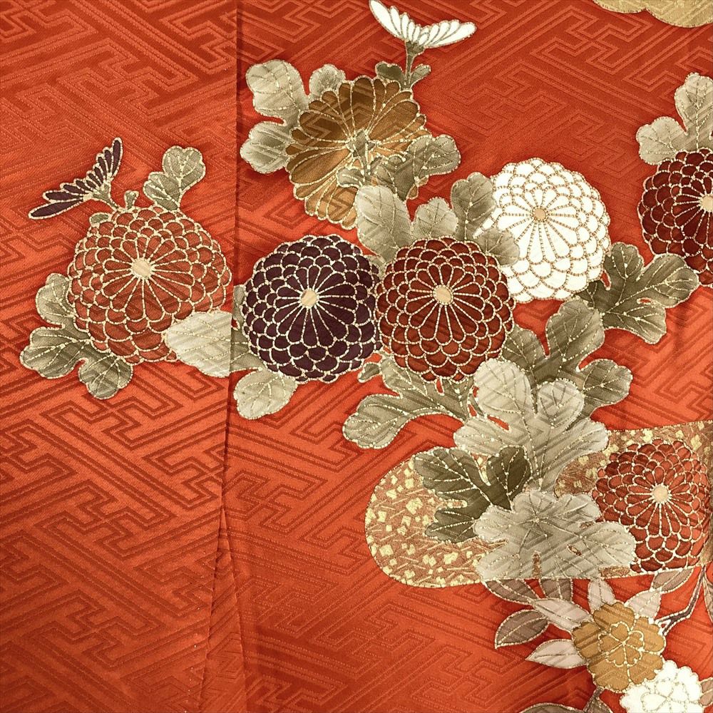 中古）振袖 オレンジ フォーマル 金駒刺繍 刺繍 金彩 地紋織り 雲取り