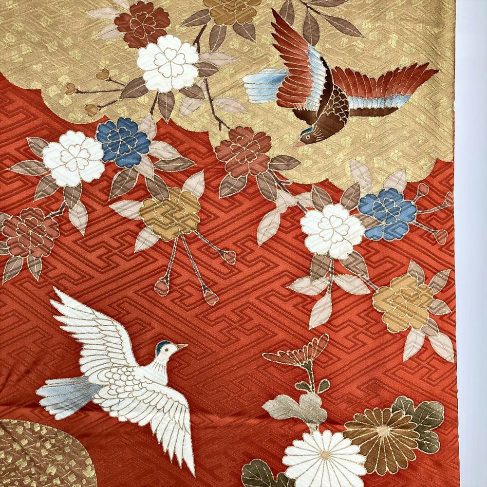 中古）振袖 オレンジ フォーマル 金駒刺繍 刺繍 金彩 地紋織り 雲取り