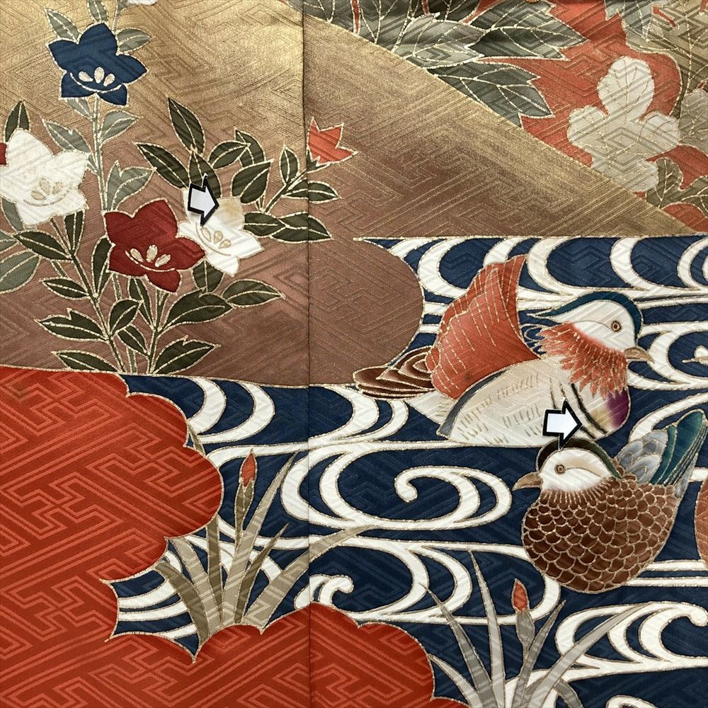 中古）振袖 オレンジ フォーマル 金駒刺繍 刺繍 金彩 地紋織り 雲取り