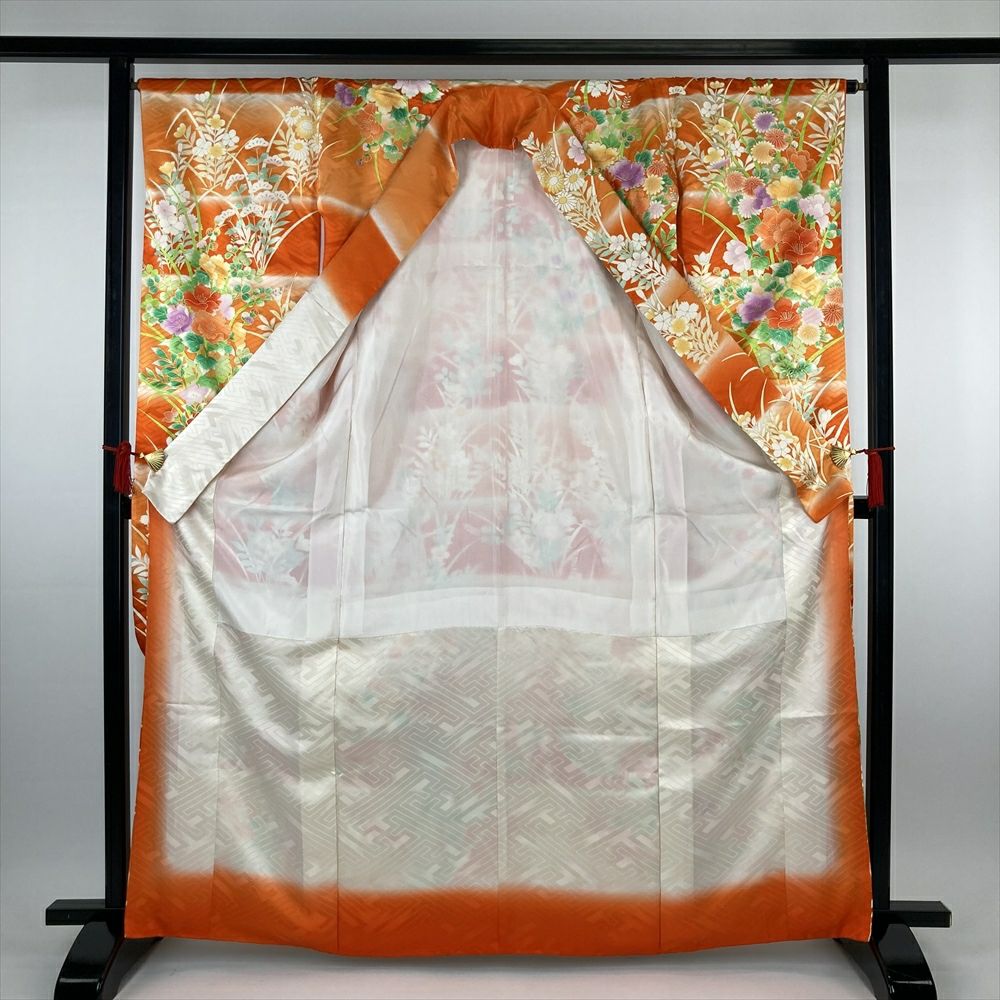 中古）振袖 オレンジ フォーマル 金駒刺繍 地紋織り ぼかし染め 牡丹