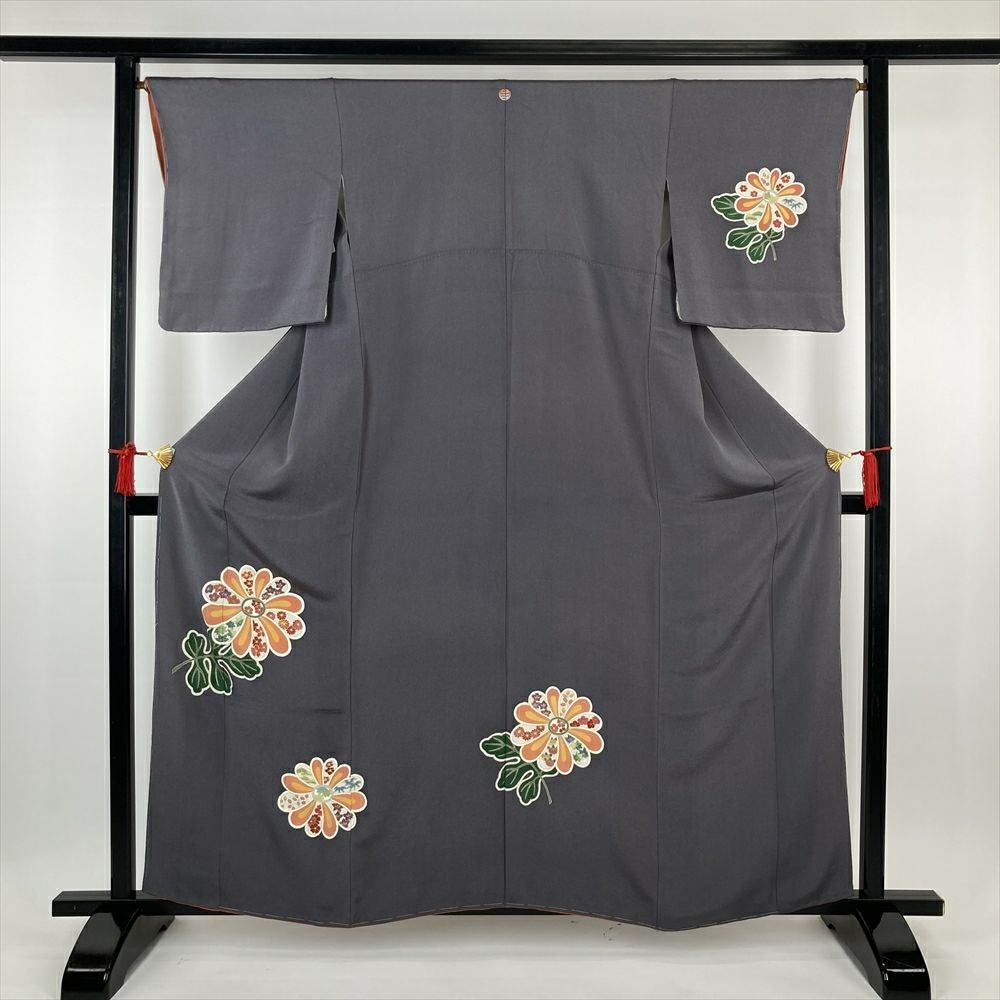 中古）訪問着 グレー フォーマル セミフォーマル 一つ紋 ちりめん 金駒