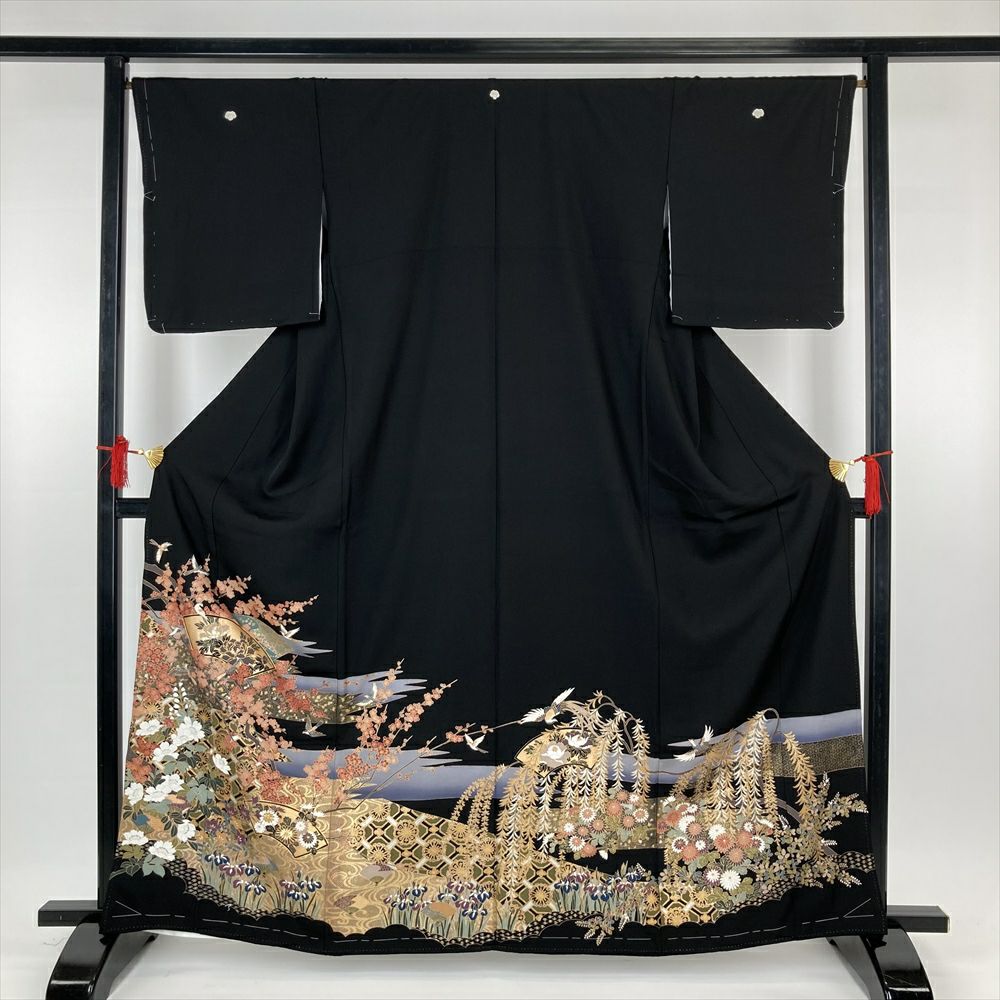 中古）黒留袖 黒 フォーマル 五つ紋 ちりめん 金駒刺繍 金彩 鳥 地紙