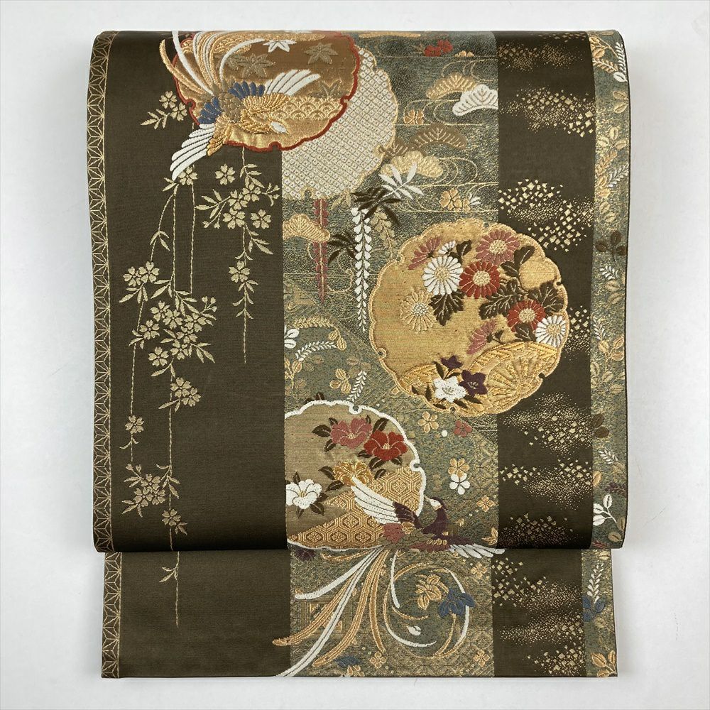 袋帯 金銀糸 松 枝 黒地 フォーマル 芯なし NO-883 中古）袋帯 黒 フォーマル セミフォーマル 六通 金糸 銀糸 辻が花
