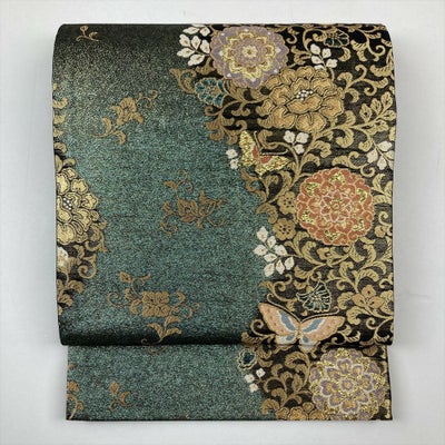 中古）袋帯 緑 フォーマル 六通 金糸 華文 蝶 牡丹唐草 唐花