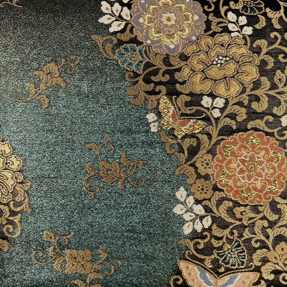 中古）袋帯 緑 フォーマル 六通 金糸 華文 蝶 牡丹唐草 唐花