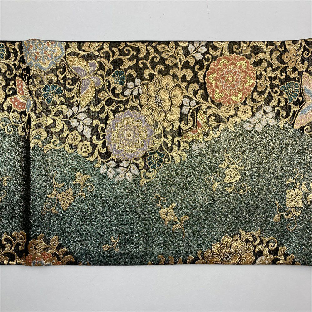 512my135△鱗文 唐草 変わり市松 金糸 モダン リバーシブル 袋帯△美品 中古）袋帯 緑 フォーマル 六通 金糸 華文 蝶 牡丹唐草 唐花