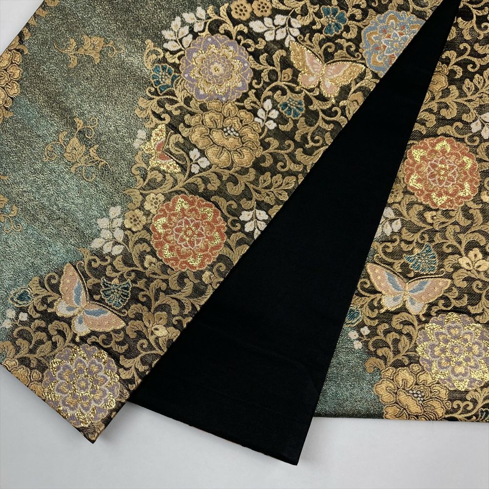 中古）袋帯 緑 フォーマル 六通 金糸 華文 蝶 牡丹唐草 唐花