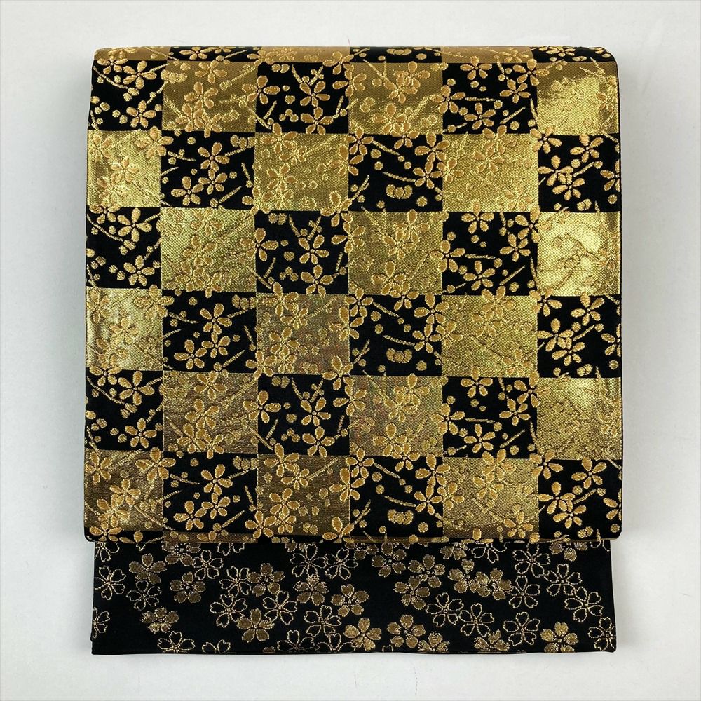 中古）袋帯 黒 フォーマル セミフォーマル 六通 切箔 金糸 市松 梅
