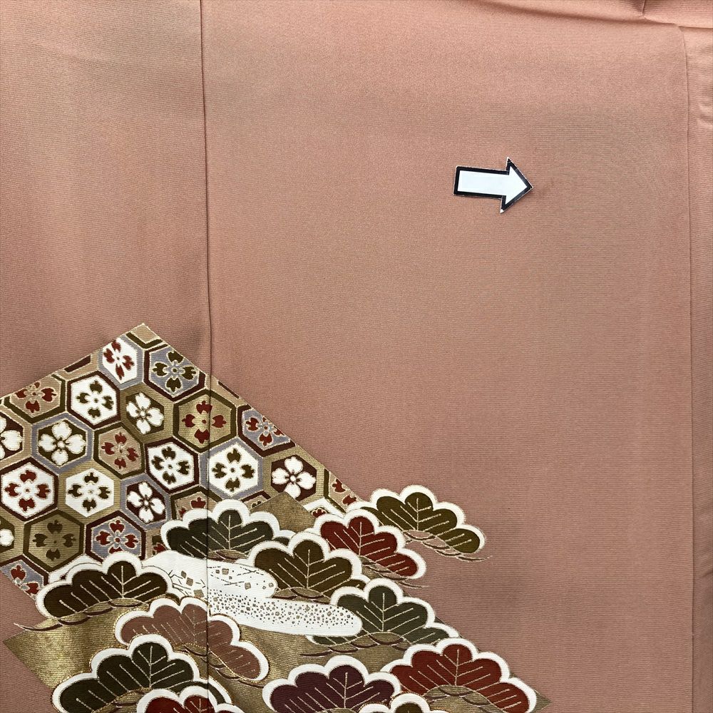 中古）色留袖 ピンク フォーマル 一つ紋 金駒刺繍 金彩 菱 松 竹 亀甲