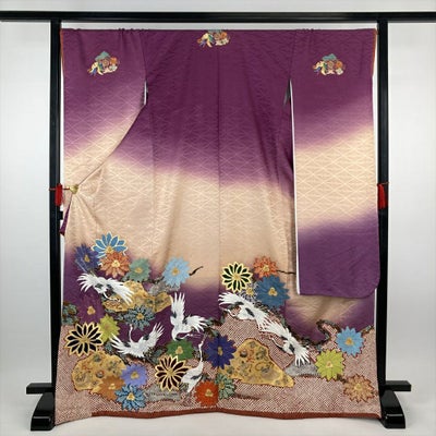 中古）振袖 オレンジ フォーマル 金駒刺繍 地紋織り ぼかし染め 牡丹 