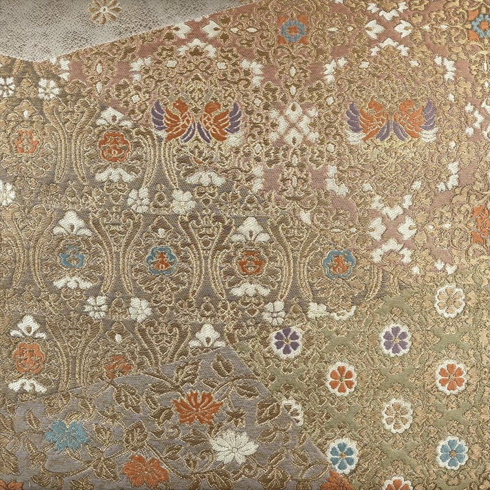 中古）袋帯 金 フォーマル セミフォーマル 六通 切り嵌め 名物裂 花 鳥